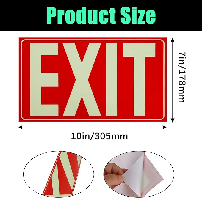 CEYAZYE 4Pcs Glow In The Dark Exit Sign Aluminum, 10"x7" Photoluminescent Emergency Adhesive Signs Sticker for Business Office School Warehouse Fire, Apply to Door, Wall, Window
