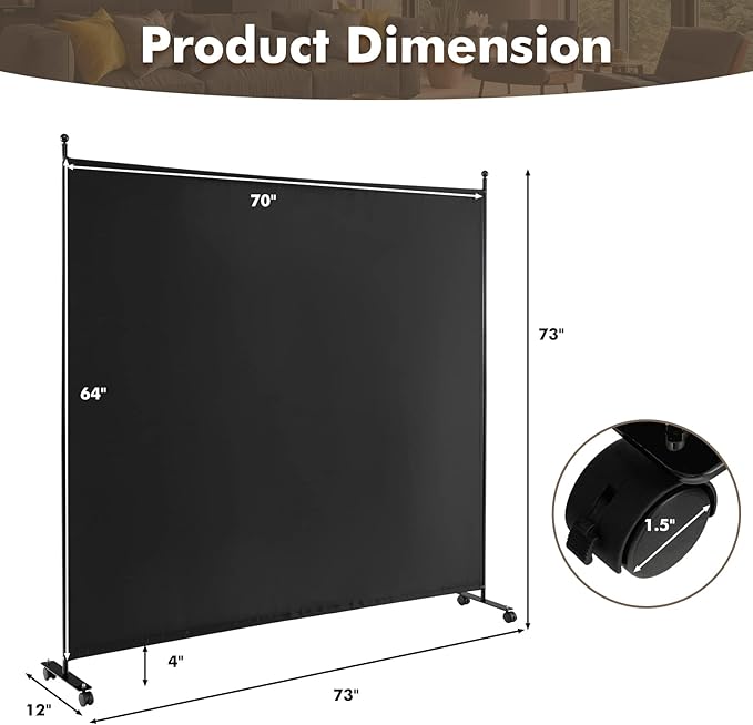 Giantex Room Divider Large Single Panel, 73''W x 73''H Privacy Screen with Lockable Wheels, Rolling Room Divider Panel for Home Office Studio, Partition Fabric Wall Divider for Room Separation, Black