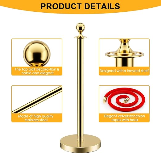 LOVMOR 6PCS Gold Stanchion Posts Queue, 38 Inch Red Velvet Rope, 5 FT Red Carpet Ropes and Poles, Crowd Control Barriers Queue Line Rope, Barriers for Party Supplies