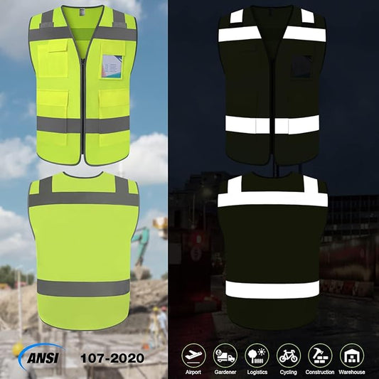 TCCFCCT Reflective Vest 5 Pockets Safety Vest for Men Women, High Visibility Surveyor Vest with Horizontal Strip for Walkie-talkie, Durable to Use, Meets ANSI/ISEA Standards, T5-Yellow, XL