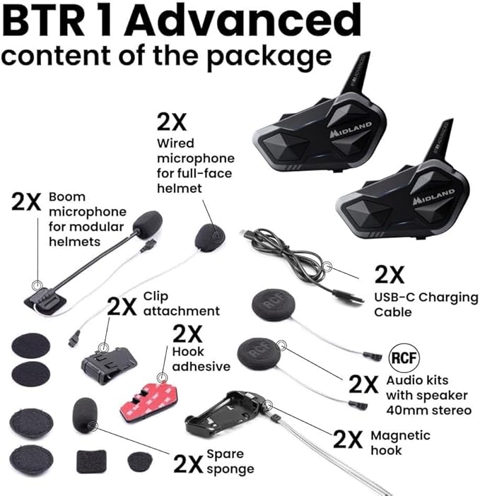 Midland BTR1 Advanced Motorcycle Bluetooth Headset – 4-Rider Intercom System with Wired and Boom Mic, RCF HD Sound, Music Sharing, DNK Noise Cancellation, FM Radio, IPX6 Waterproof (2 Pack, Black)