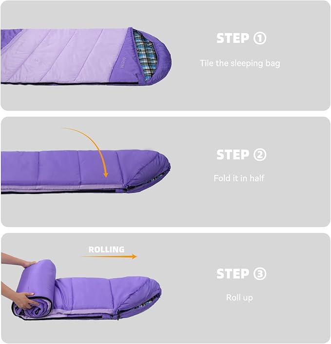 Cotton Flannel Lined Sleeping Bag for Adults Teens Kids, Cold Weather & Warm, 3 Seasons, Lightweight Compact Camping Essentials Equipment, Hiking, Outdoor, Travel