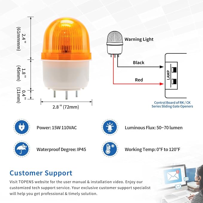 TOPENS JD110VY 110V Warning Light Emergency Flashing Safety Strobe Beacon Amber/Yellow Alarm Lamp Siren Blinker Halogen Tungsten Lamp for Gate Openers, Emergency and Construction Vehicles