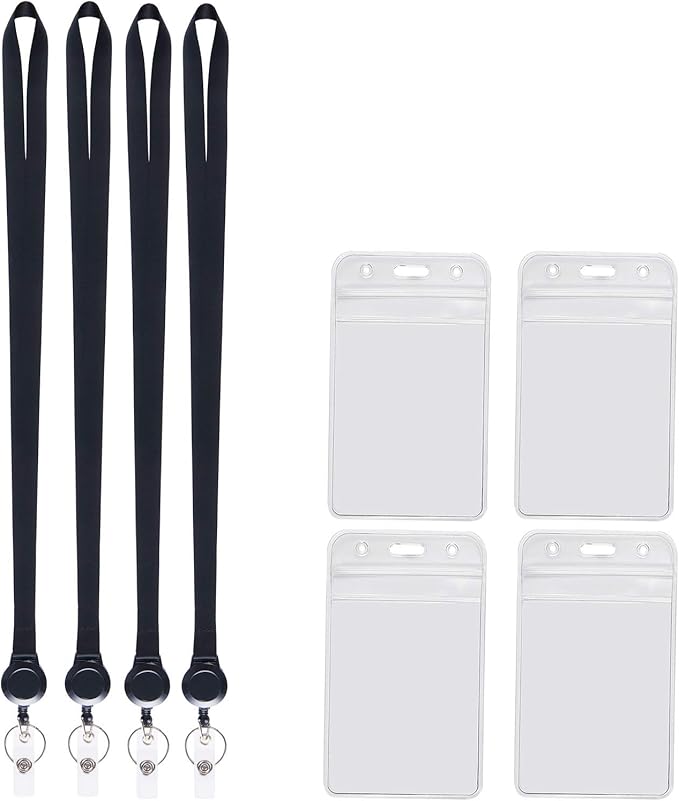 YOUOWO Lanyards Black with Retractable Badge Reel and Vertical ID Badge Holder,Punched Zipper Waterproof (4 Pack Black with Badge Reel Badge Holder)
