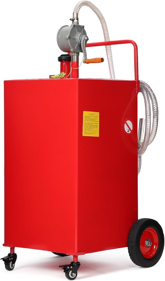 35 Gallon Fuel Caddy with Manual Pump, Heavy Duty Portable Gas & Diesel Transfer Tank on 4 Wheels, Spill-Proof Container for Truck, Tractor, Boat, ATV, Farm,Orange
