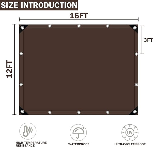 Tarps Heavy Duty Waterproof, 16 Mil Large Tarps with Grommets, UV Resistant and Tear&Fade Resistant, Brown Heavy Duty Tarps for Outdoors Patio Camping, 12 * 16FT