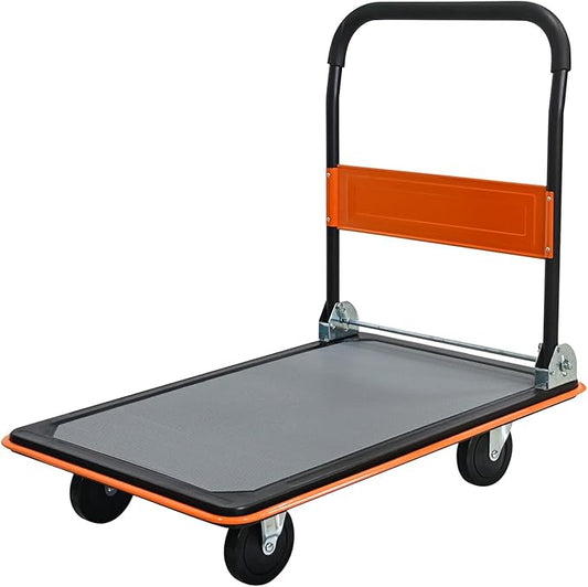 660lbs Large Size Heavy Duty Orange Flatbed Cart, Folding Steel Platform Hand Truck with 360° Silent Swivel Wheels, Utility Dolly for Storage & Moving