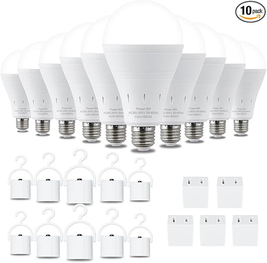 10 Pack Rechargeable Emergency Light Bulbs, Battery Powered Energy Efficient LED Light Bulb 6000K Daylight E26 120 Volt 9W 60W Equivalent with 1200mAh for Home Power Outage Camping Hurricane