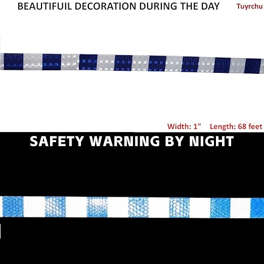 Blue White Reflective Tape Outdoor Waterproof 1 inch Wide for Cars, High Visibility Safety Warning Reflector Sticker Strips (68 feet)