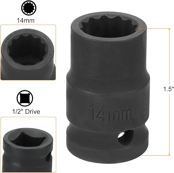HARFINGTON 12-Point Impact Socket 1/2 Inch Drive 14mm Metric Cr-V Shallow Impact Socket Nut Driver Wrench for Auto Repair
