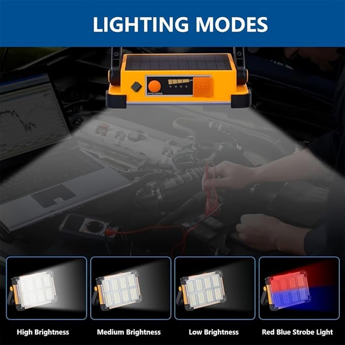 120W LED Solar Work Light, 144 LED 10000LM Portable Flood Light with Stand, 4 Modes Rechargeable, IP65 Waterproof Outdoor Working Light for Camping, Fishing, Car Repair & Mechanics (2)
