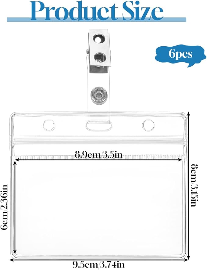 6Pack Horizontal Name Tag Holders and Metal Badge Clips ID Card Holder Clear PVC Name Holder Tags with Metal Badge Clips Straps