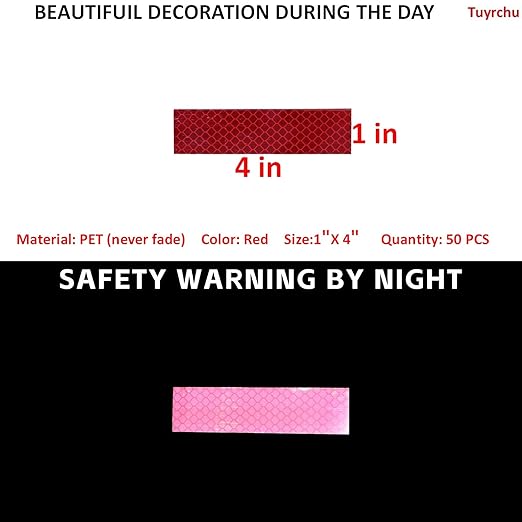 Non Fading Red Reflective Stickers 1 inch X 4 inch, Outdoor Waterproof High Visibility Warning Safety Adhesive Reflector Tape (50 Pcs)