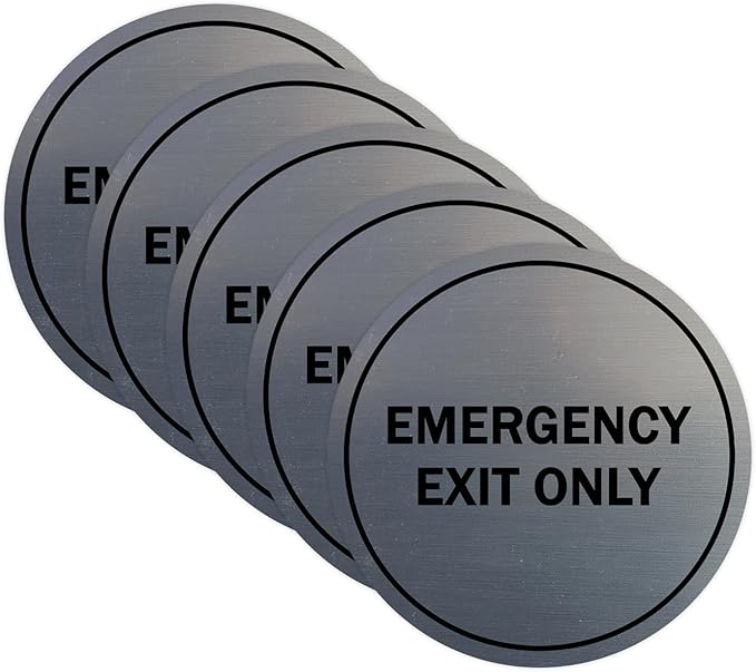 Signs ByLITA Circle Emergency Exit Only Sign (Brushed Silver) - Large 5 Pack