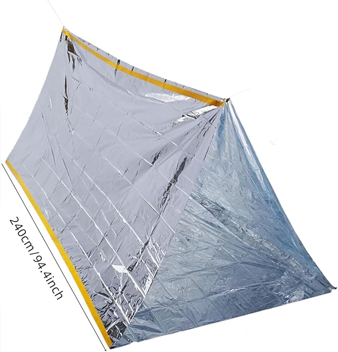 1 Piece Survival Shelter, Polyester Film Emergency Tent Survival Kit with String Bundle Pocket Whistle for Hiking, Car Camping（Silver）