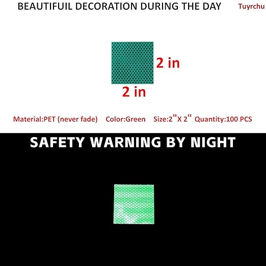 Non Fading Green Reflective Stickers 2 inch X 2 inch, Outdoor Waterproof High Visibility Warning Safety Adhesive Reflector Tape (100 Pcs)