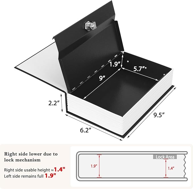 KYODOLED Diversion Book Safe with Key Lock, Secret Metal Lock Box, Collection, Money Hiding Box, 9.5" x 6.2" x 2.2", Black Large