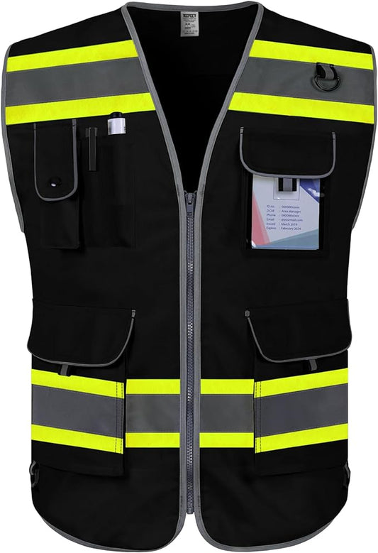 TCCFCCT High Visibility Vest 9 Pockets Hi Vis Reflective Safety Vest for Men Women, Surveyor Work Vest with Fluorescent Yellow Extend Edge, Durable, Breathable, Meets ANSI/ISEA, (DB-Black, Small)