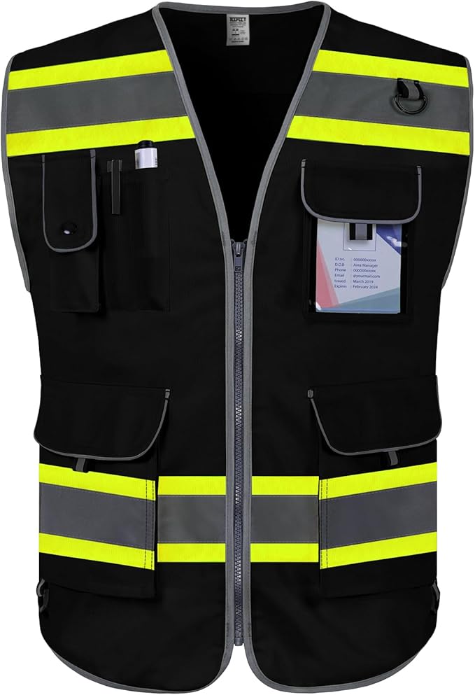 TCCFCCT Reflective Safety Vest for Men Women 9 Pockets High Visibility Vest with Fluorescent Yellow Extend Edge, Hi Vis Security Work Vest for Surveyors, Durable and Breathable, (DB-Black, XX-Large)