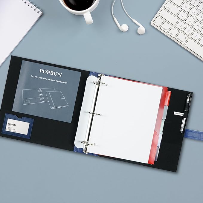 POPRUN PU Leather 1.5 Inch 3 Ring Binder, Professional Business Organizer- Includes PP Dividers, 100GSM / Grade AA Filler Papers, Card &Sticker for Tab- Ideal for Office Presentation Meetings, Blue