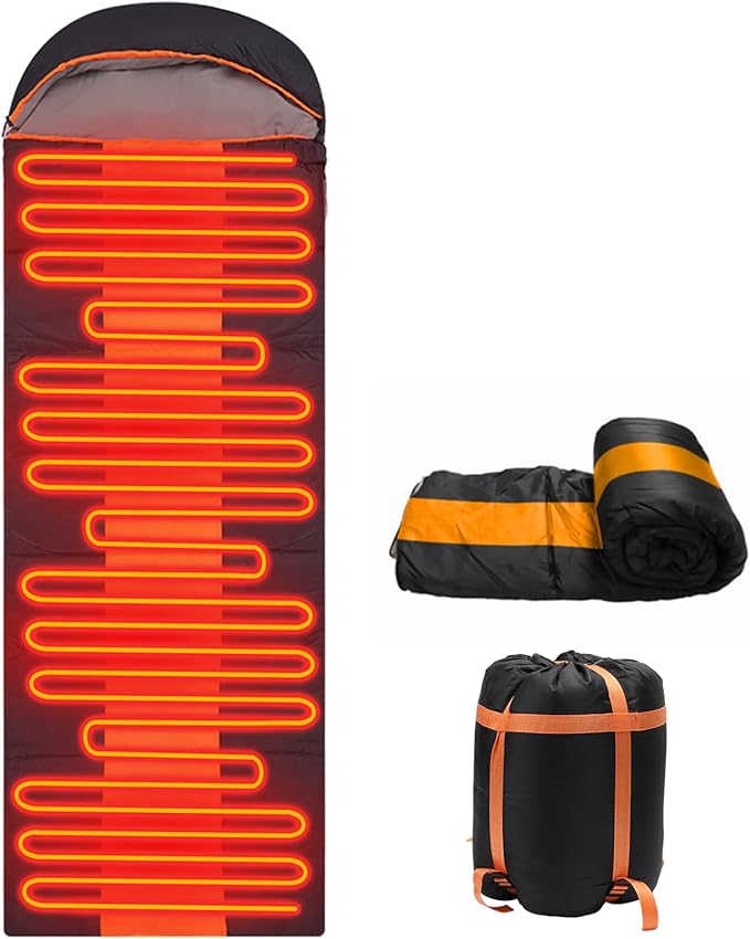 Heated Sleeping Bag for Adults, Electric Warm Bag with 3 Adjustable Heating Levels, USB Powered Heating Pads Adjustable Hood, 0 Degree Sleeping Bag Keep Warm for Cold Weather Camping Outdoor Hiking