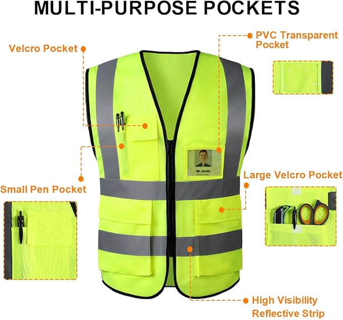 Custom Safety Vest Customized Logo Name Text Class 2 High Visibility Reflective Vests with Pockets for Construction Workwear