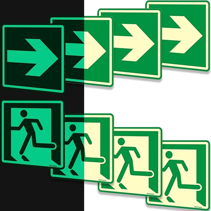 Emergency Exit Sign Glow in the Dark Decals, 8 pcs, (15x15 cm), Running Man Sign With Directional Arrow Light Stickers