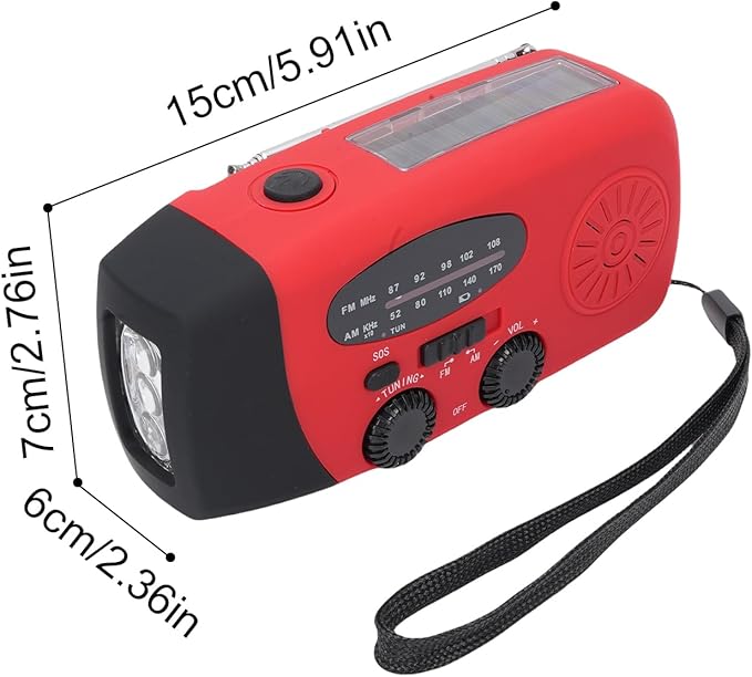 2000mAh Wind Up Radio, Portable Solar Emergency Radio with SOS Alarm, AM FM Weather and Torch, for Power Outage Camping Hiking (Red)