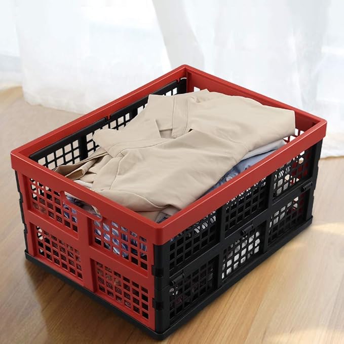 Hespapa 35 Quart Folding Crates, Red Plastic Collapsible Storage Container Milk Crate Baskets, 2 Pack