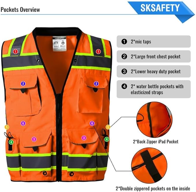 SKSAFETY 12 Pockets Professional level Safety Vest, Class 2 High Visibility Vest, ANSI/ISEA