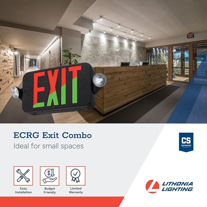 Lithonia Lighting ECRG Basics LED Exit Sign/Emergency Light Combo, Red/Green Switchable Exit Sign and Emergency Lights for Business, 2-Head Fixture, Round Lamp Heads, Black