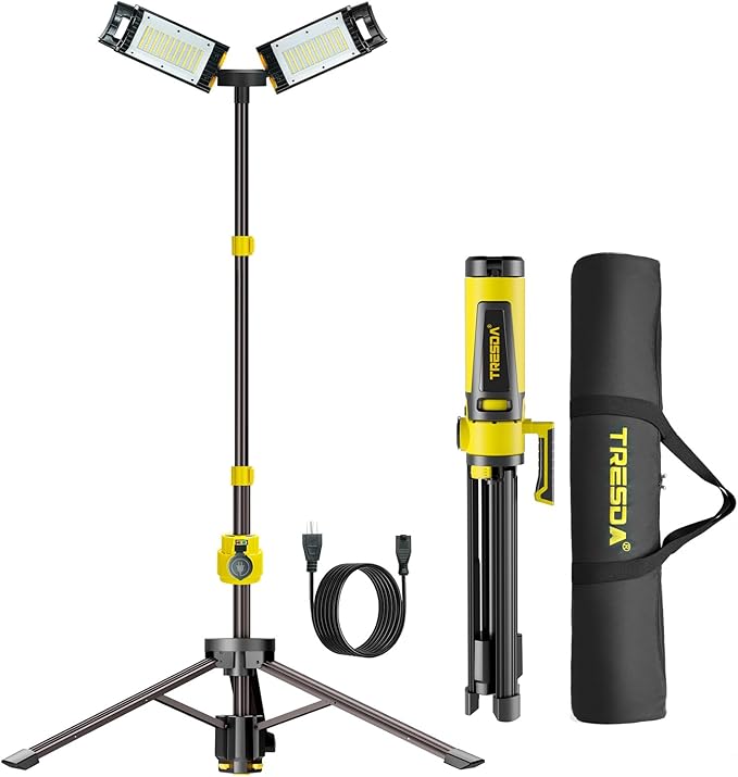 Dual-Head LED Work Light with Stand, 2025 Pro+ 12000LM Corded or Battery Rechargeable Telescopic Tripod Worklights, Portable Construction Flood Light for Job Site Workshop Garage ﻿
