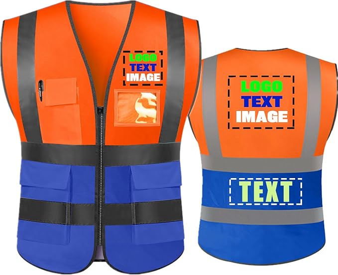 High Visibility Safety Reflective Vest with Pockets and Zipper Construction Hi Vis Work Vest (XX-Large, Orange/Blue)