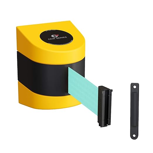 Crowd Control Warehouse - CCW Series WMB-220 Fixed Wall Mount Retractable Belt Barrier - 15 Foot, Light Green Belt with Yellow ABS Case