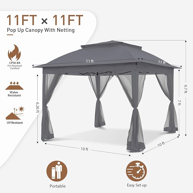 COOS BAY 11x11 Pop-Up Instant Gazebo Tent with Mosquito Netting Outdoor Canopy Shelter with 121 Square Feet of Shade (Dark Gray)