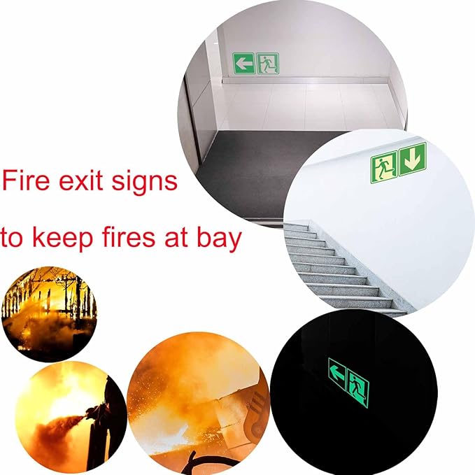 Emergency Exit Sign Glow in the Dark Decals, 8 pcs, (15x15 cm), Running Man Sign With Directional Arrow Light Stickers