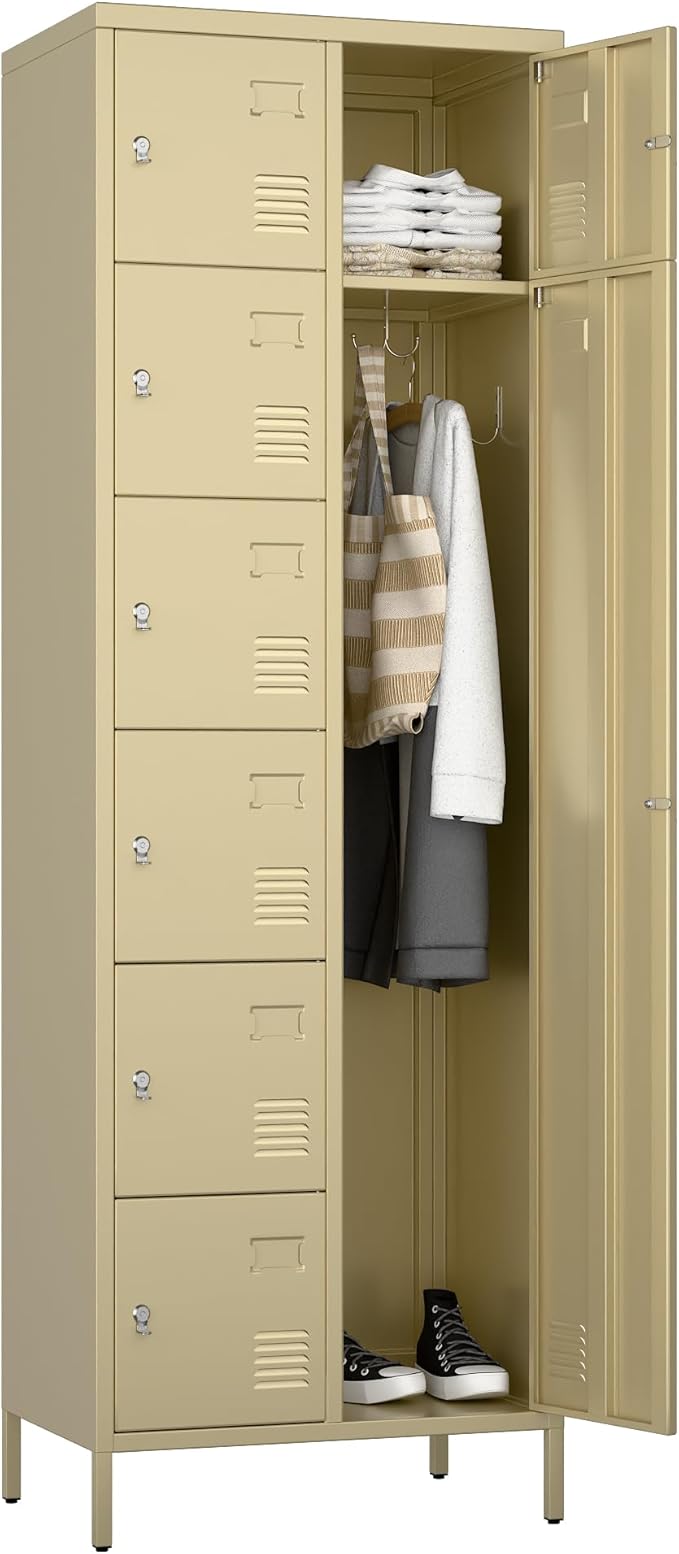 8 Doors Metal Lockers for Employees, 72" H Steel Lockable Storage Lockers with 3 Hooks and 8 Card Holder for Office, Home, Gym, School, Employees, Camel