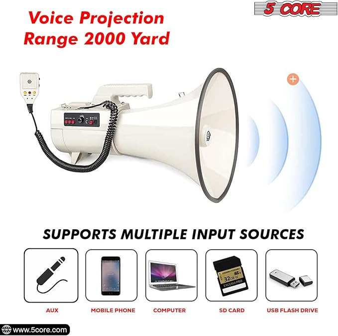 5 CORE Megaphone 100W Bull Horn Professional PA Speaker w 2000 Yards Long Range Loud Siren Voice Amplifier USB/SD/3.5mm Aux Portable Megafono for Emergency Outdoor Sports and Coaches - 4501 USB