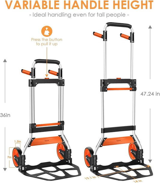 Dolly Cart, 309 lb Aluminum Folding Hand Truck with Swivel Handle, Heavy Duty Utility Dolly Foldable Trolley with Elastic Cord, 7 Inch Wheels for Moving, Warehousing, Shopping and More