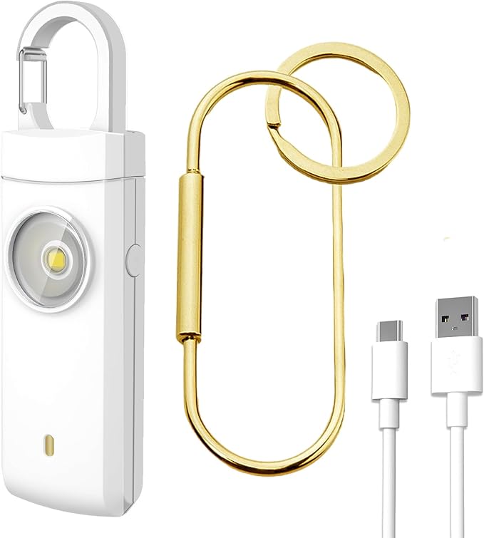 Self Defense USB Rechargeable Alarm,130 dB Loud Siren with LED Strobe Light,Keychain Design for Easier Carrying, Personal Alarm for Women, Children, Elderly. (White)