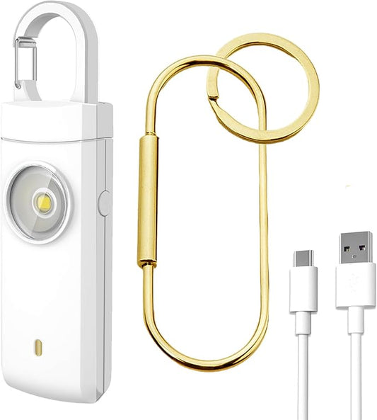 Self Defense USB Rechargeable Alarm,130 dB Loud Siren with LED Strobe Light,Keychain Design for Easier Carrying, Personal Alarm for Women, Children, Elderly. (White)