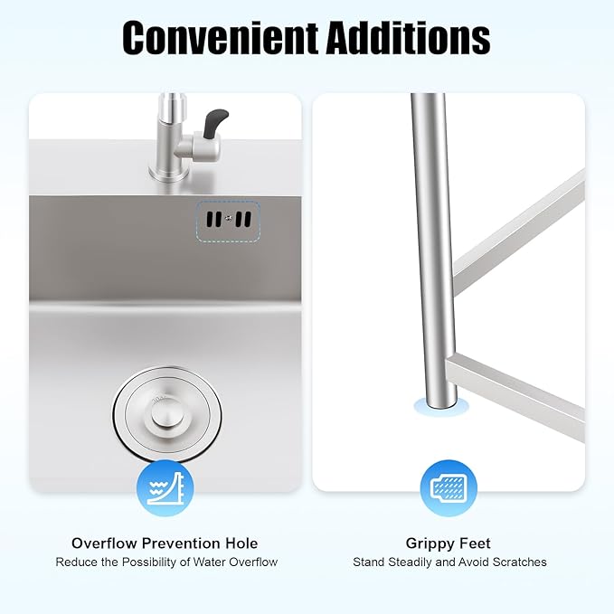 Utility Sink Free Standing Stainless Steel Single Bowl Kitchen Sink with 360° Rotatable Faucet and Strainer Basket Portable Sinks for Home Laundry Garage Commercial