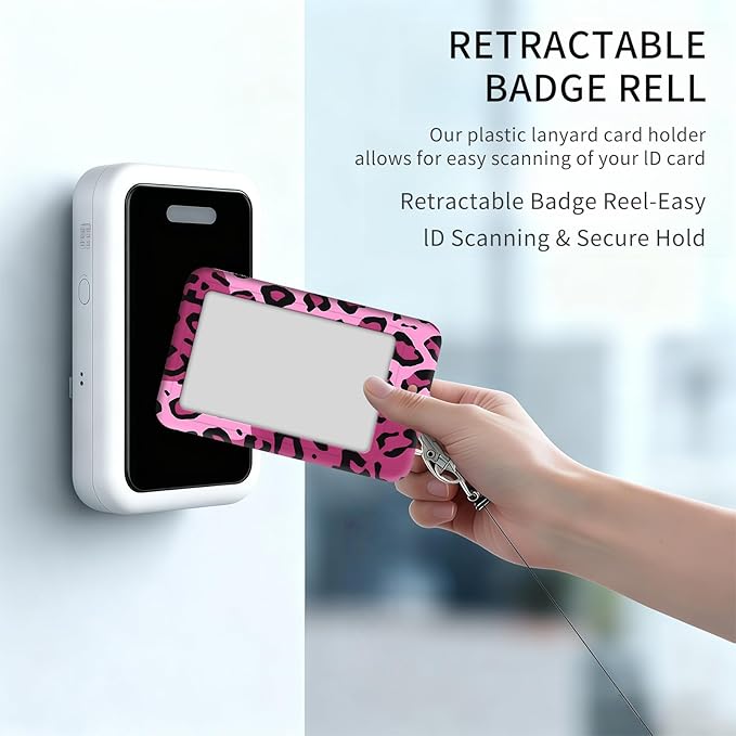 ID Badge Holder with Retractable Lanyard for Women & Men,Vertical ID Card Holder Wallet,Clear Window&Card Slot,Detachable Neck Strap for Nurse Teacher Office,Pink Leopard Print