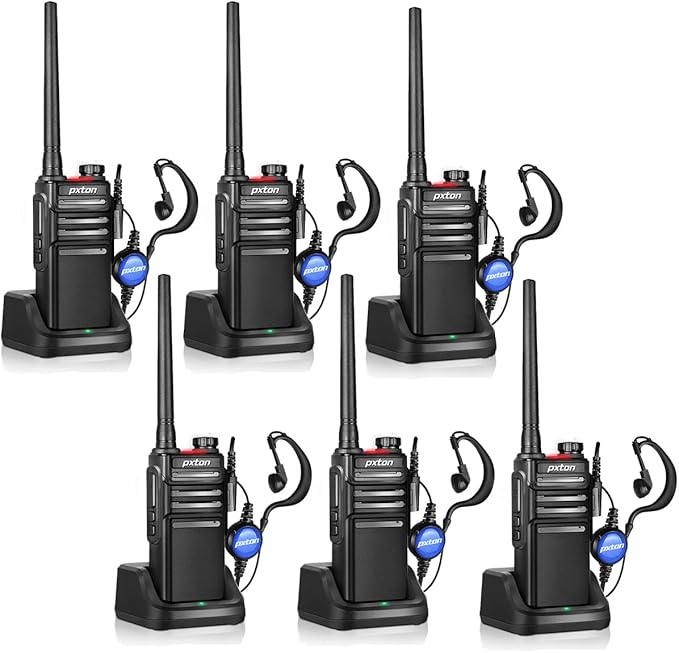 pxton Waterproof walkie talkies Long Range for Adults, Work,and Outdoor with earpieces and Fast Charger Dock，Handheld Two Way Radio Rechargeable NOAA walkie Talkie (6 Pack)