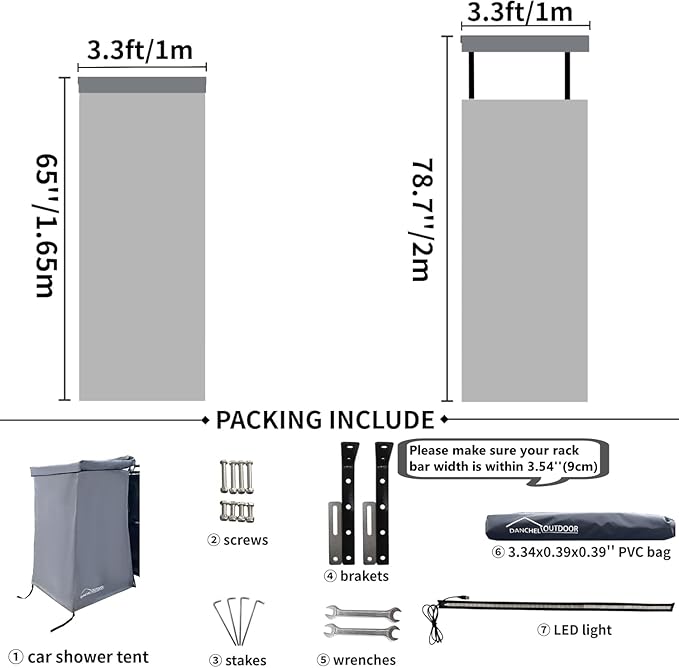 DANCHEL OUTDOOR Car Side Shower Awning with Roof, 3.3x3.3ft Portable Roof Rack Vehicle Shower Privacy Tent Shelter Enclosure Overland Camping Changing Room Bathroom w/LED Light, Gray