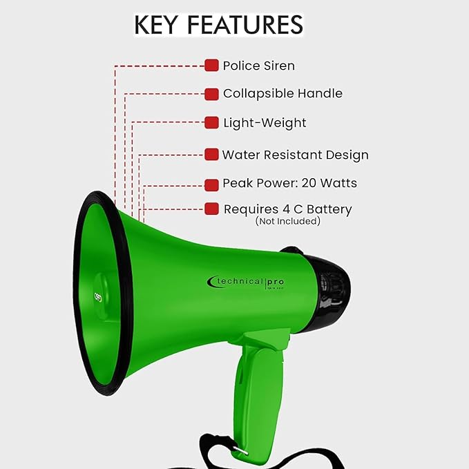 Technical Pro 20 Watts Lightweight Portable 300M Range Megaphone Bullhorn with Strap, Siren, and Volume Control, Good for Trainers, Soccer, Football, Baseball, Coaches