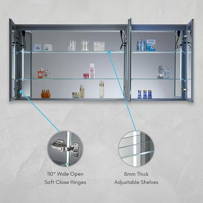 Blossom 60x26 LED Medicine Cabinet Mirror for Bathroom, Recessed/Surface Lighted Medicine Cabinet with Mirror, Anti-Fog, Dimmable 3 Color Makeup Mirror, Wall Mounted Storage