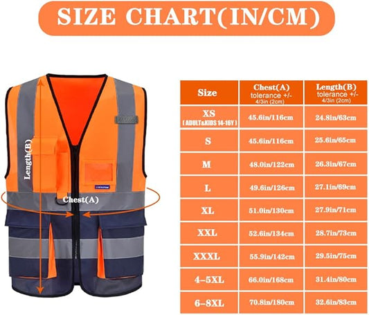 A-SAFETY High visibility vest,Reflective Safety Vest Workwear 7 Pockets Hi Vis Durable Vest with Reflective Tapes 4 Lower Pockets,Orange&Navy XXXL