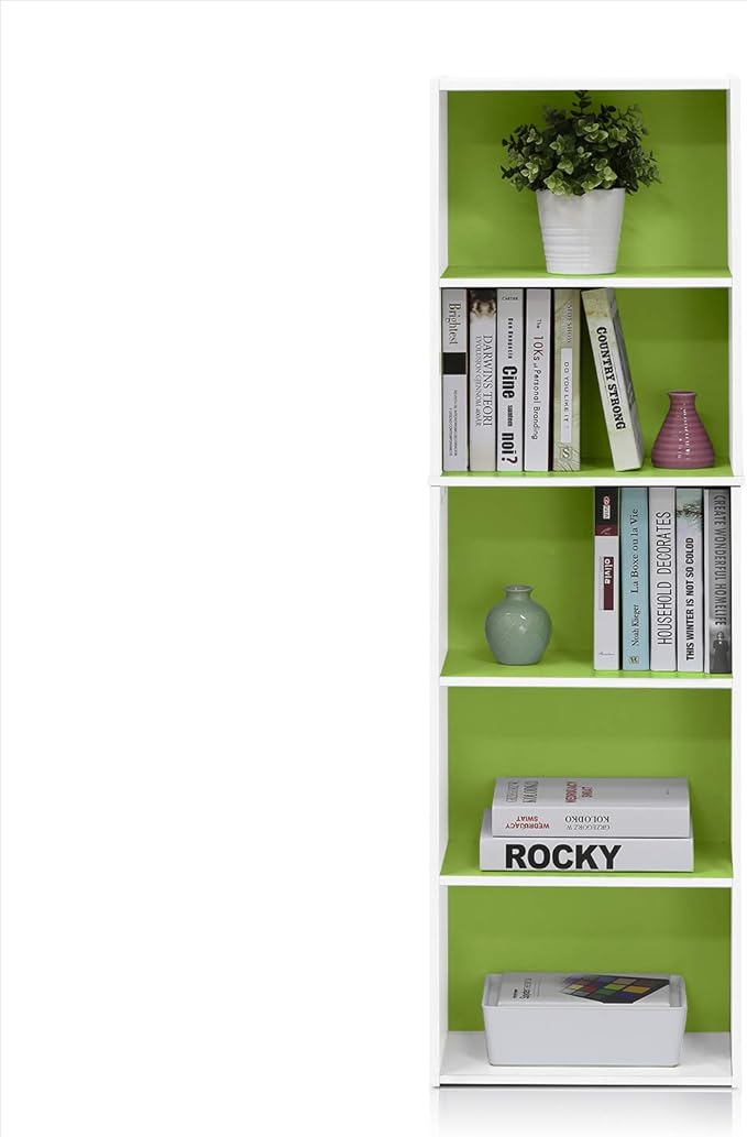 Furinno LUDER Book Shelf, 5-Cube Bookshelf, Bookcase with Open Shelf, 9.4 x 15.8 x 52, for Living Room, Bedroom, Home Office, White/Green