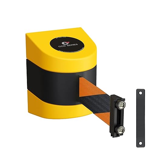 Crowd Control Warehouse - CCW Series WMB-220 Magnetic Wall Mount Retractable Belt Barrier - 15 Foot, Black and Orange Diagonal Belt with Yellow ABS Case